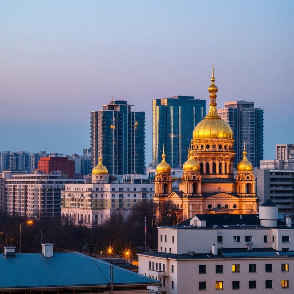 Kyiv skyline: residential towers alongside historic golden-dome architecture