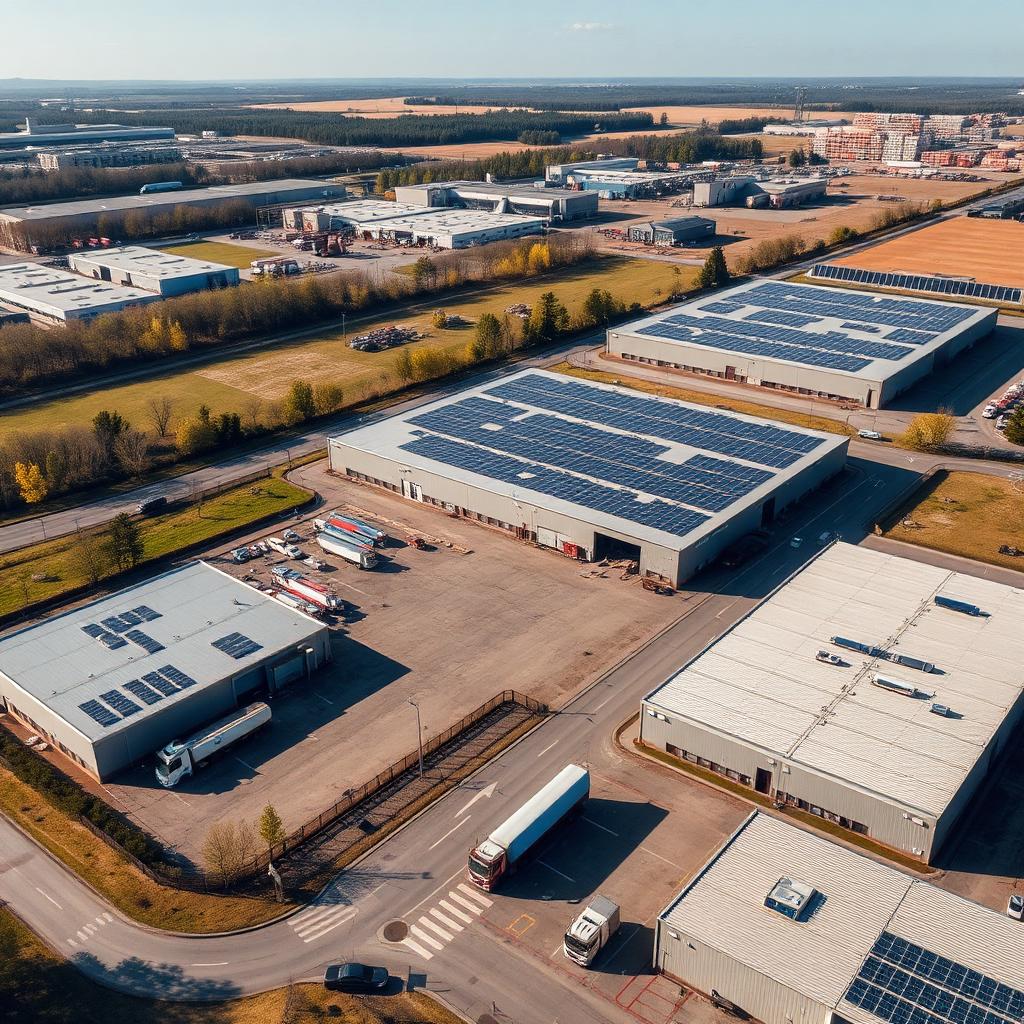Modern logistics and warehousing park in western Ukraine with rooftop solar near EU border corridors