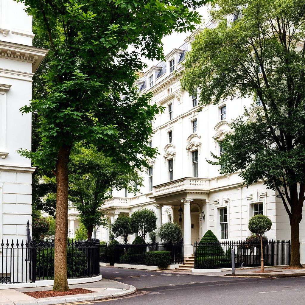 Stucco-fronted Georgian townhouses on a leafy Belgravia street, representative of Prime Central London